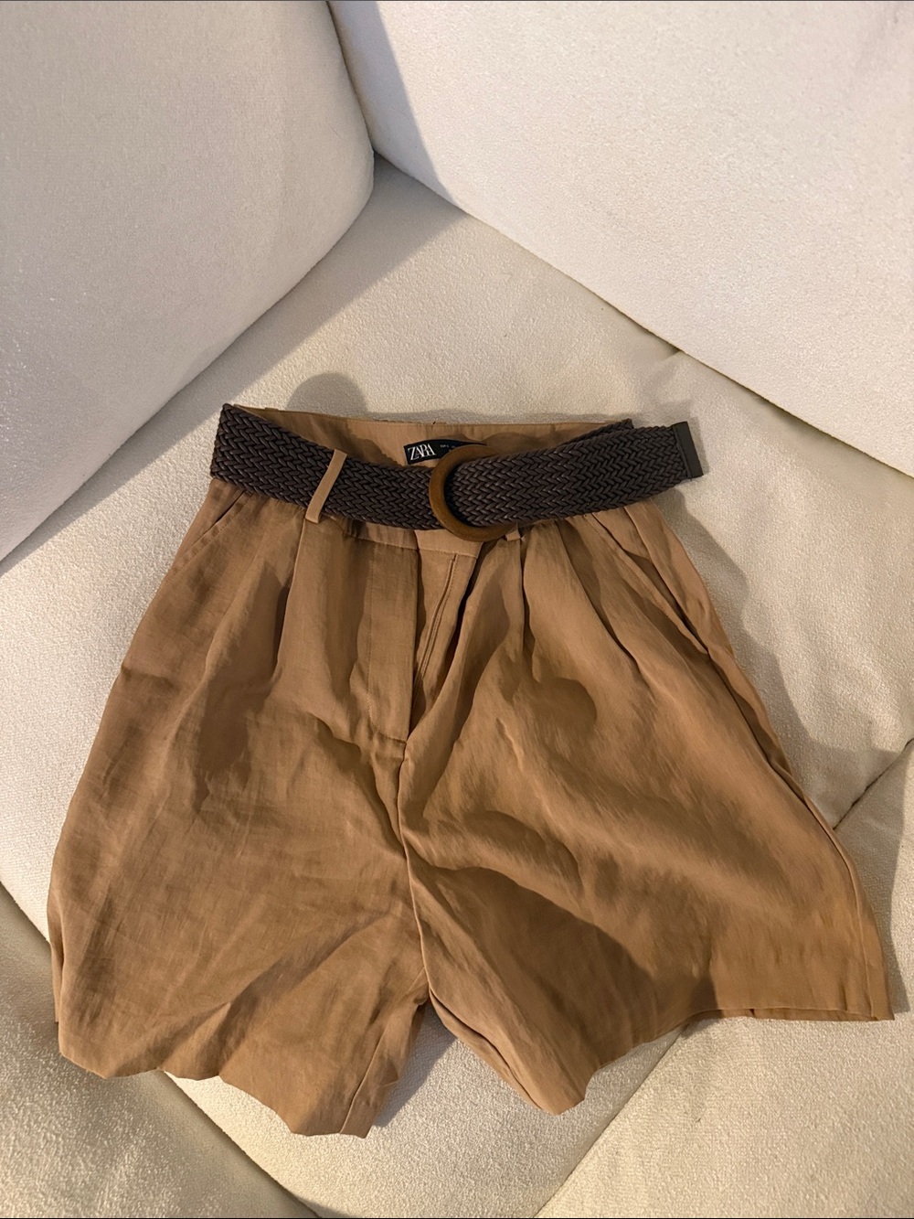 ZARA Tan Pleated High-Waist Shorts with Braided Dark Brown Belt